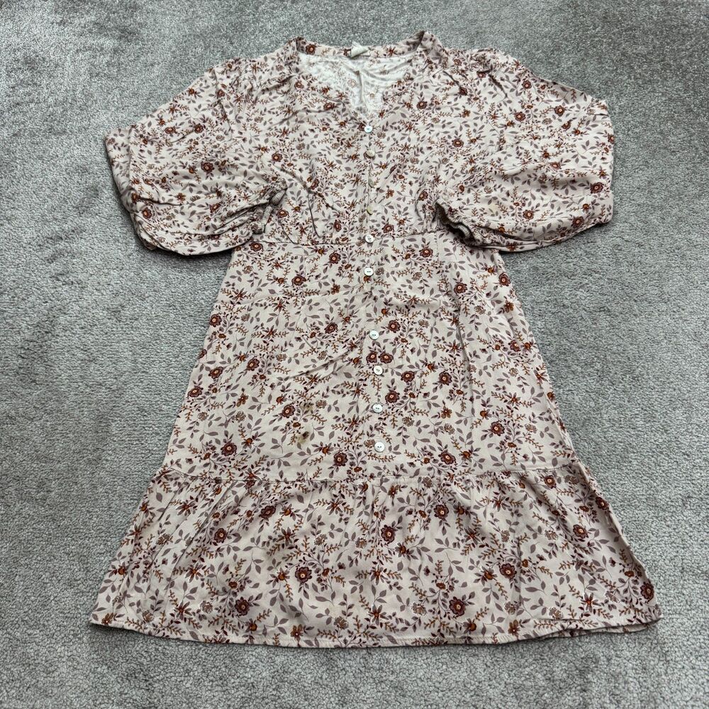 Naif Puff Sleeve Floral Midi Dress Womens Small Button Up Elastic Waist Boho
